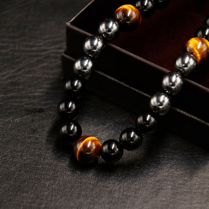 Triple Protection Bracelet for Women Men, 10mm Crystal Beads Bracelet Handmade with Real Tiger Eye Black Obsidian and Hematite, Natural Crystal Bracelet Mens Christmas Gift for Protection and Balance