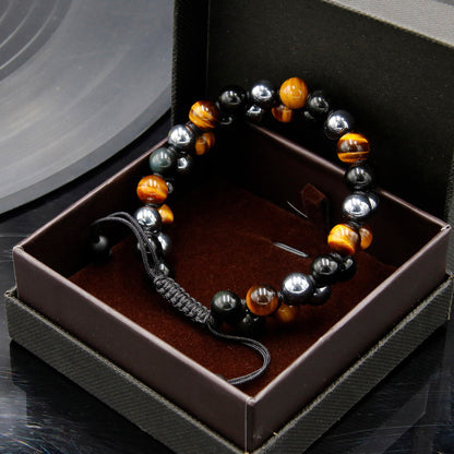 Triple Protection Bracelet for Women Men, 10mm Crystal Beads Bracelet Handmade with Real Tiger Eye Black Obsidian and Hematite, Natural Crystal Bracelet Mens Christmas Gift for Protection and Balance