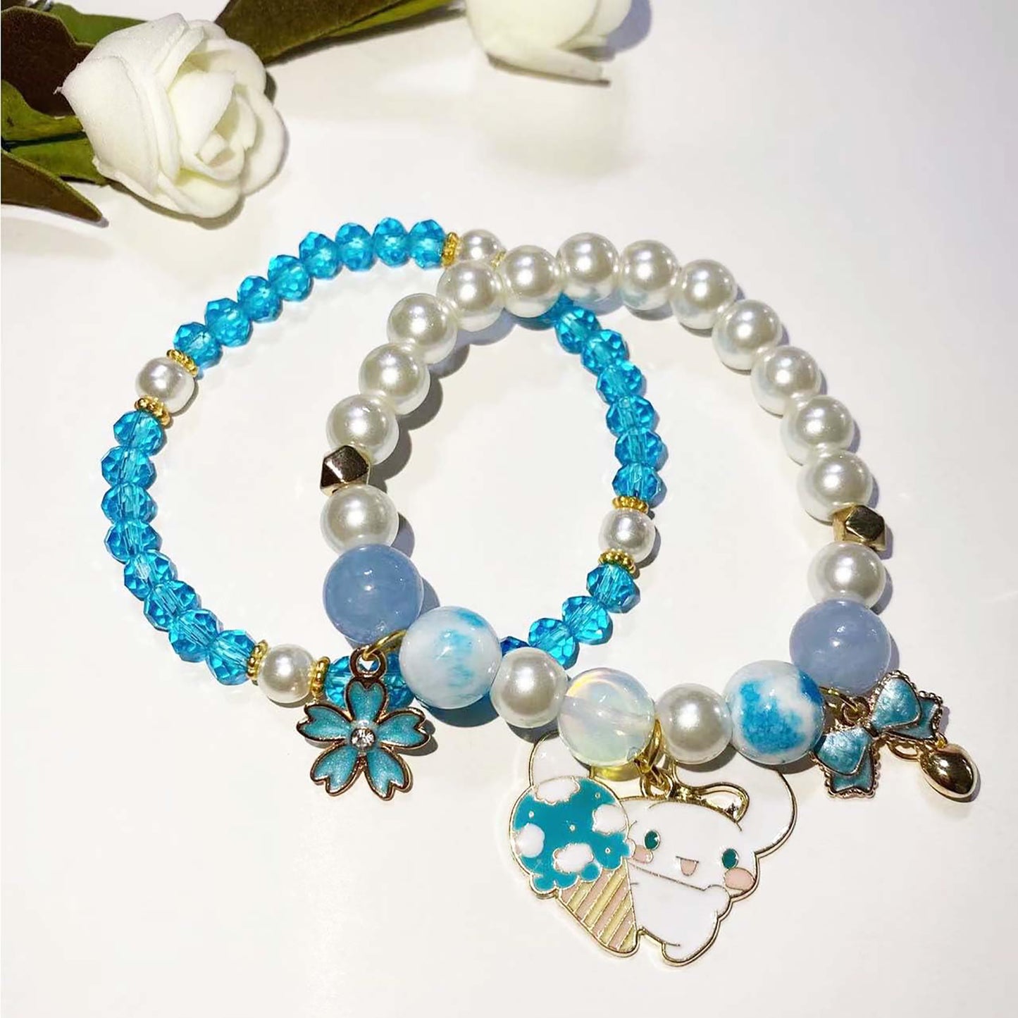 Matching Bracelets Set Crystal Beads Bracelet Cute Cartoon Elastic Beaded Pearl Bracelets Jewelry for Women Bff Friendship