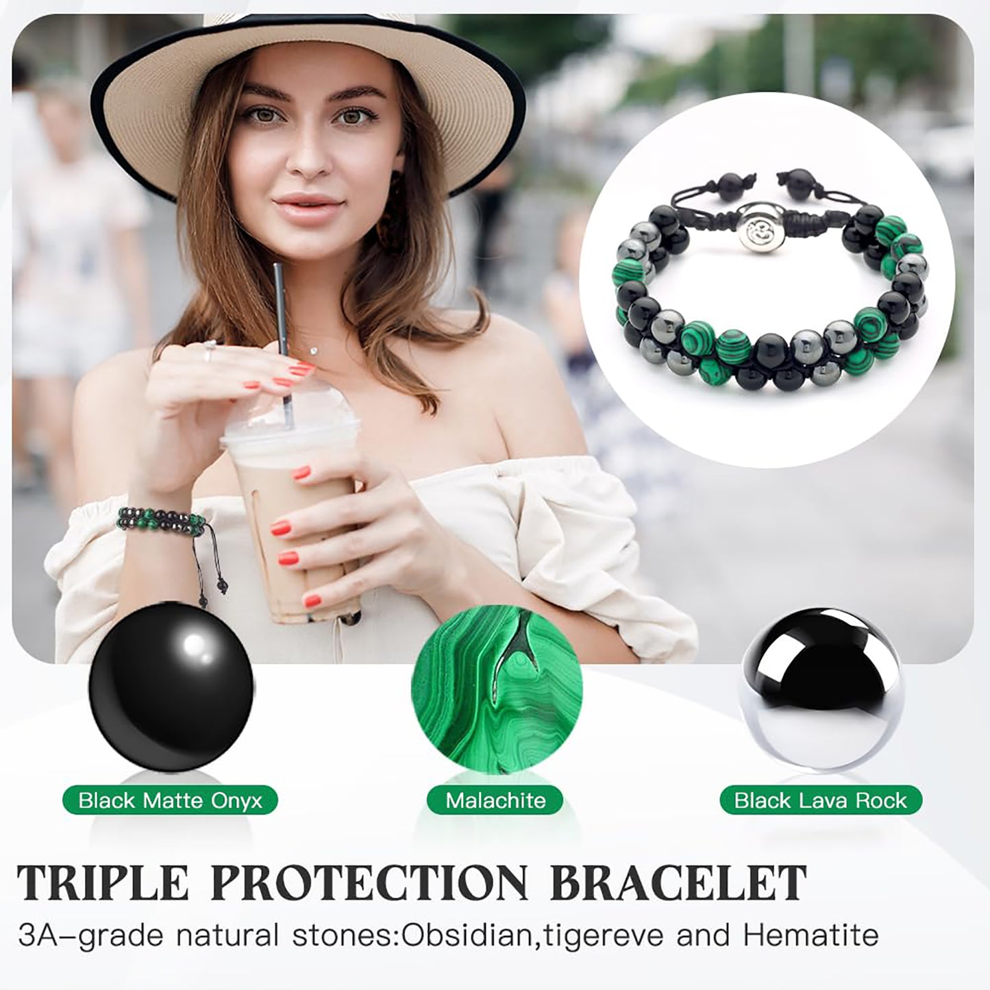 Triple Protection Bracelet - for Protect & Balance - Energy Crystal Bracelets for Men Women - Bring Good Luck & Prosperity - Tiger Eye Hematite & Black Obsidian Jewelry Natural Stone Healing Bracelet