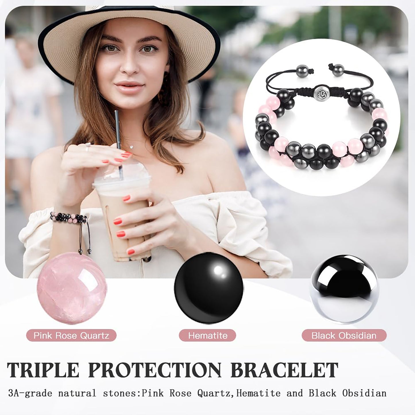 Triple Protection Bracelet - for Protect & Balance - Energy Crystal Bracelets for Men Women - Bring Good Luck & Prosperity - Tiger Eye Hematite & Black Obsidian Jewelry Natural Stone Healing Bracelet
