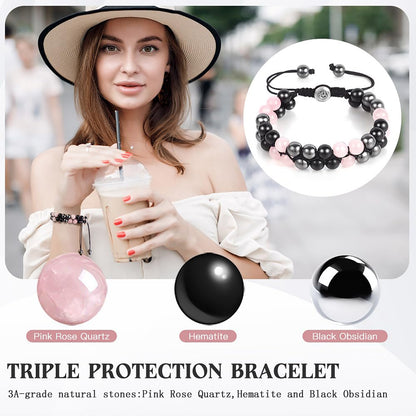 Triple Protection Bracelet - for Protect & Balance - Energy Crystal Bracelets for Men Women - Bring Good Luck & Prosperity - Tiger Eye Hematite & Black Obsidian Jewelry Natural Stone Healing Bracelet