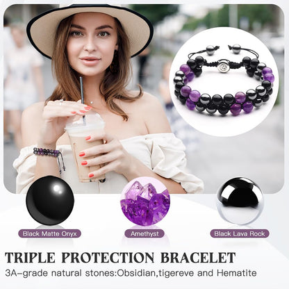 Triple Protection Bracelet - for Protect & Balance - Energy Crystal Bracelets for Men Women - Bring Good Luck & Prosperity - Tiger Eye Hematite & Black Obsidian Jewelry Natural Stone Healing Bracelet