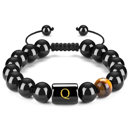Initials Bracelets for Men Letter Link Handmade Natural Black Onyx Tiger Eye Stone Beads Braided Rope Meaningful Bracelet