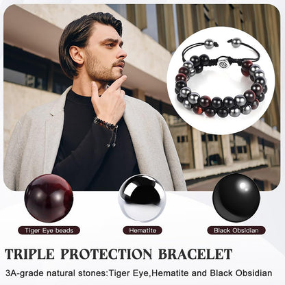 Triple Protection Bracelet - for Protect & Balance - Energy Crystal Bracelets for Men Women - Bring Good Luck & Prosperity - Tiger Eye Hematite & Black Obsidian Jewelry Natural Stone Healing Bracelet