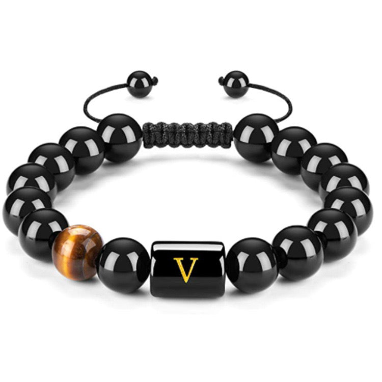 Initials Bracelets for Men Letter Link Handmade Natural Black Onyx Tiger Eye Stone Beads Braided Rope Meaningful Bracelet
