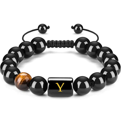 Initials Bracelets for Men Letter Link Handmade Natural Black Onyx Tiger Eye Stone Beads Braided Rope Meaningful Bracelet