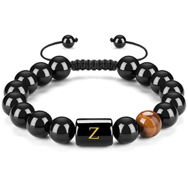 Initials Bracelets for Men Letter Link Handmade Natural Black Onyx Tiger Eye Stone Beads Braided Rope Meaningful Bracelet