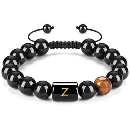 Initials Bracelets for Men Letter Link Handmade Natural Black Onyx Tiger Eye Stone Beads Braided Rope Meaningful Bracelet