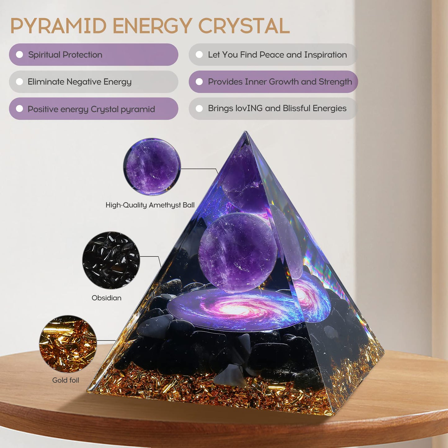 Orgone Pyramid for Positive Energy, Orgonite Amethyst&Obsidian Healing Crystal Pyramids for Reduce Stress Chakra Reiki Healing Meditation Attracts Lucky and Success
