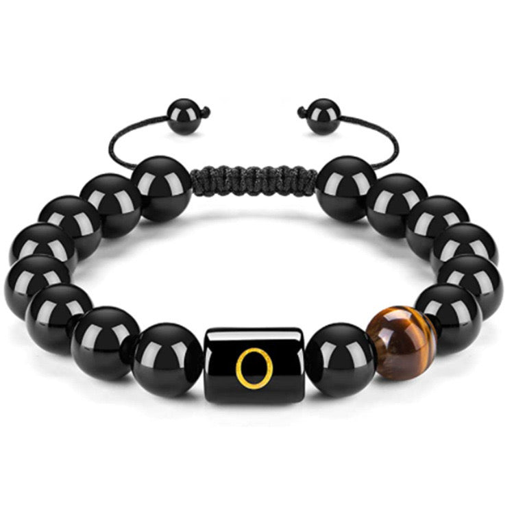 Initials Bracelets for Men Letter Link Handmade Natural Black Onyx Tiger Eye Stone Beads Braided Rope Meaningful Bracelet