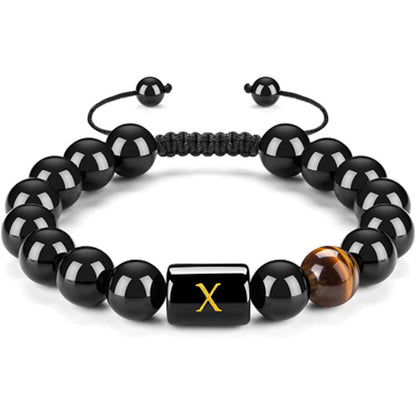 Initials Bracelets for Men Letter Link Handmade Natural Black Onyx Tiger Eye Stone Beads Braided Rope Meaningful Bracelet